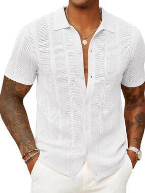 Men’s White Knit Button-Down Polo Summer Beach Casual Top Shirt